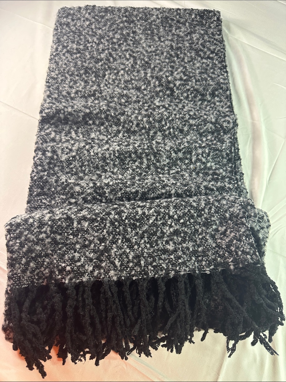 Cozy Black & Gray Bouclé Fringe Scarf